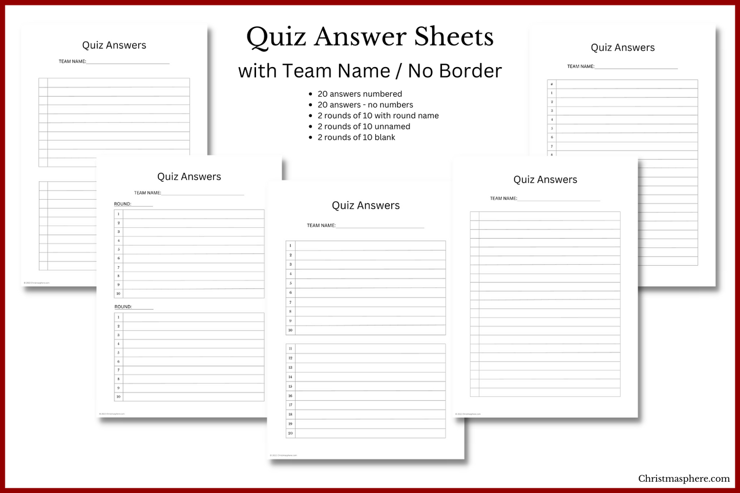Quiz Answer Sheet Bundle | 5 Designs