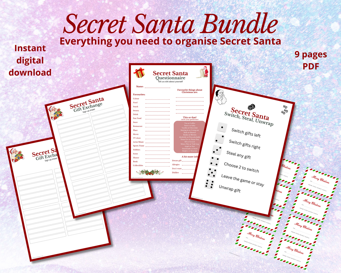 Secret Santa Bundle | Questionnaire, Sign up sheets, game, gift tags