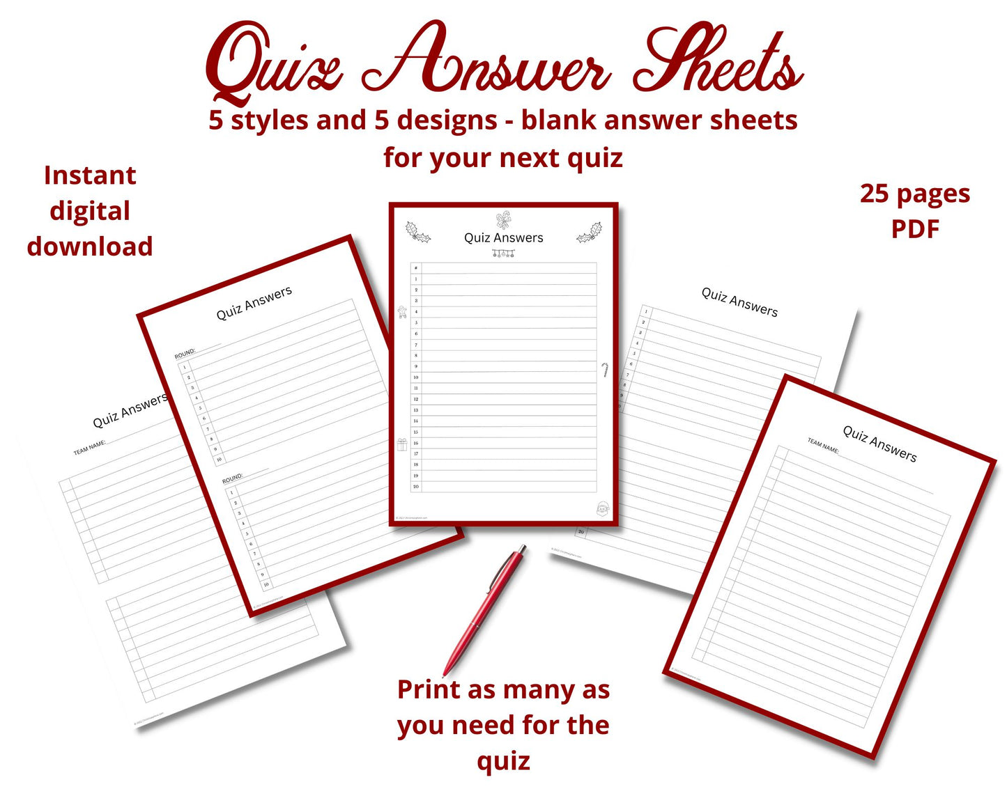 Quiz Answer Sheet Bundle | 5 Designs