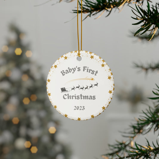 Baby's First Christmas Ceramic Ornament | Grey and Yellow Christmas Decoration | Baby's First Christmas 2023