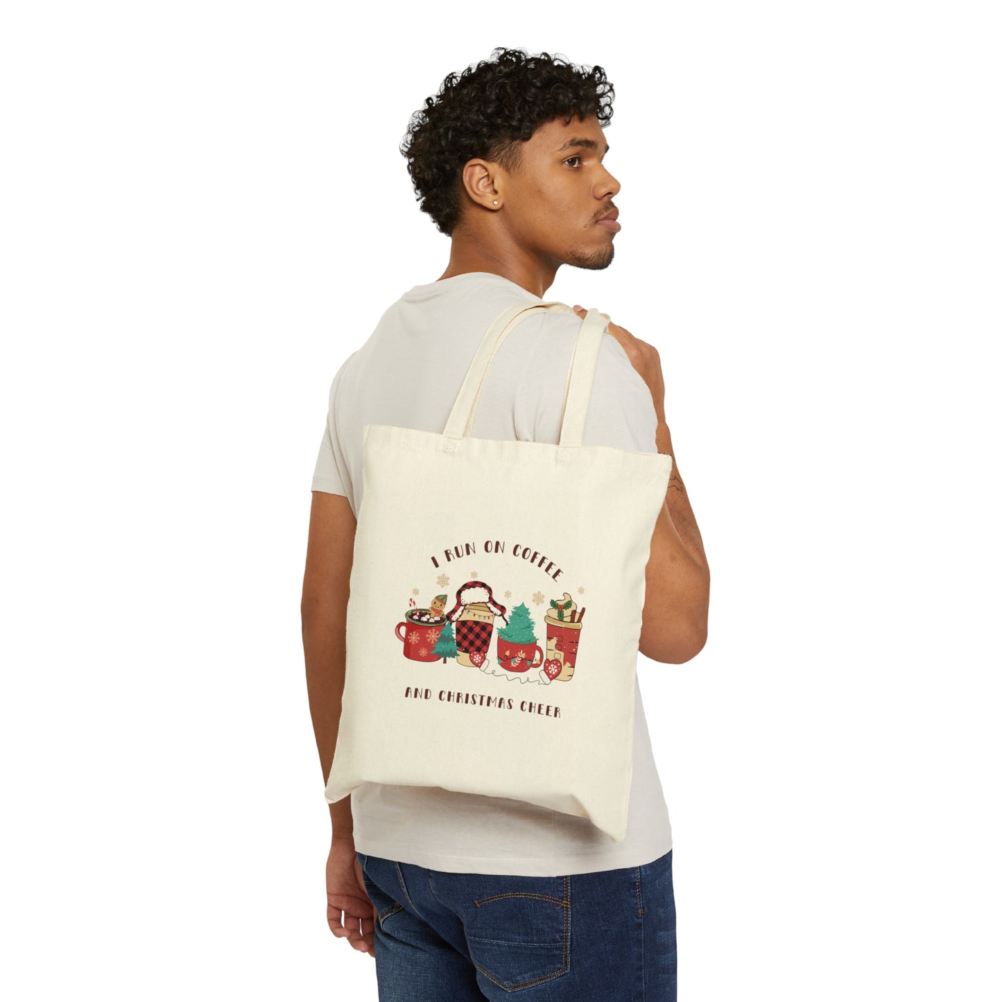 I Run on Coffee and Christmas Cheer - Christmas Tote Bag - Cotton Canvas Tote Bag