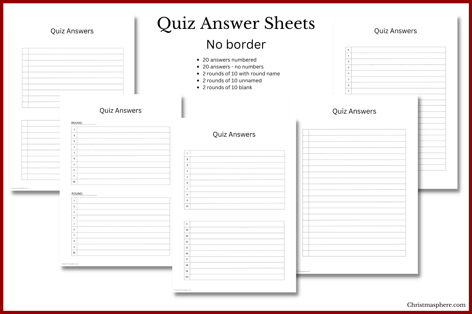 Quiz Question. Answer Pages Quiz Answer Sheet Bundle | 5 Designs – Christmasphere