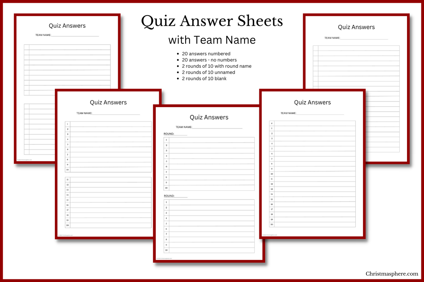 Quiz Answer Sheet Bundle | 5 Designs
