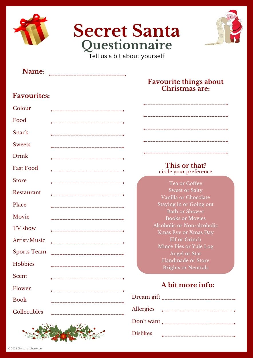 Secret Santa Bundle | Questionnaire, Sign up sheets, game, gift tags
